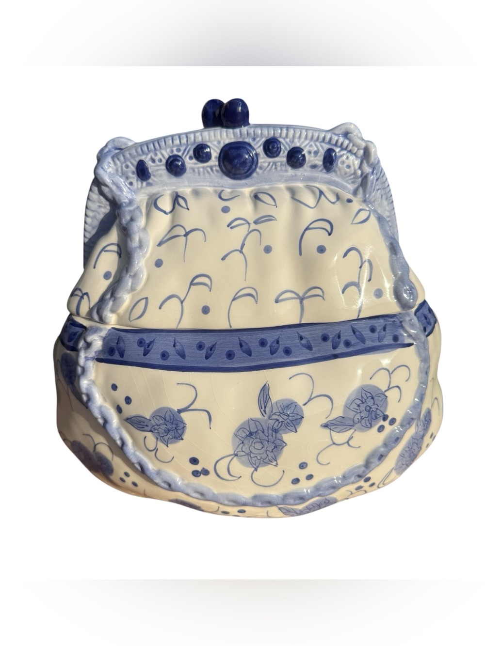Cheryl & Co Ceramic Purse Cookie Jar Blue White Floral Canister Cottagecore 9”